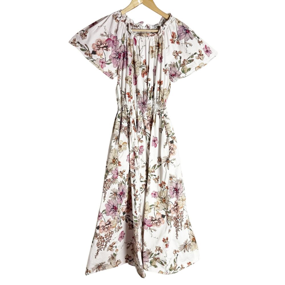 Adam Lippes White Garden Floral Print Shirred Short Sleeve Midi Dress Size 8